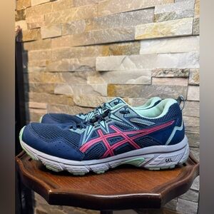 Woman’s Sz 10 Asics GEL-Venture 8 Trail Running Shoes Mako Blue/Pink Glow EUC